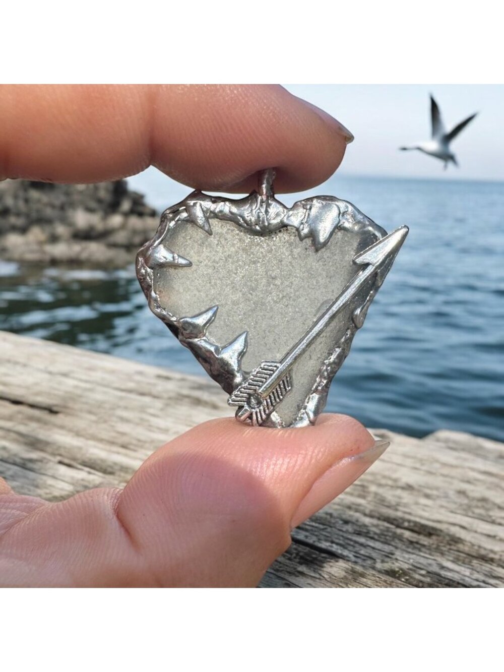 Hand-Stamped Sea Glass Heart Pendant with Tibetan Silver Arrow